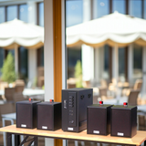 Dàn loa treo tường: Amply AMT154_SG Goldsound 150w + 4 loa Goldsound V24C_SG 24w, loa được thiết kế riêng cho quán, bật lớn không tạp âm, miễn phí công lắp đặt, bảo hành dài hạn 5 năm.