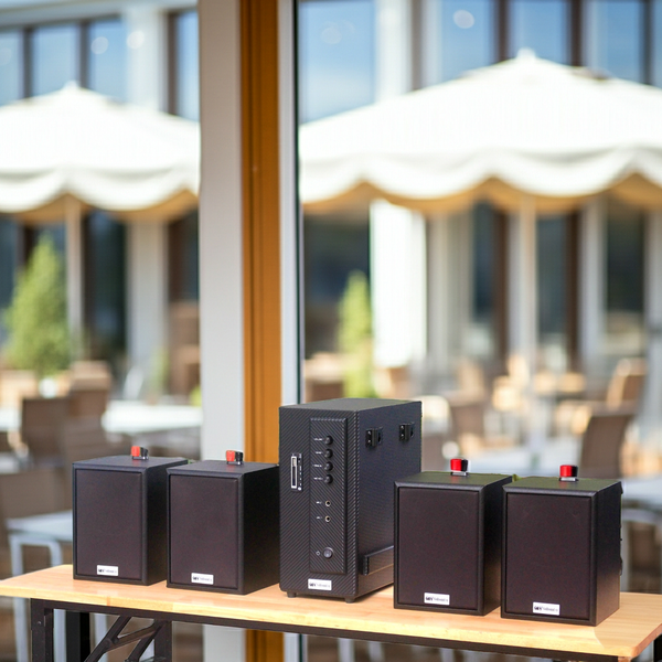 Dàn loa treo tường: Amply AMT154_SG Goldsound 150w + 4 loa Goldsound V24C_SG 24w, loa được thiết kế riêng cho quán, bật lớn không tạp âm, miễn phí công lắp đặt, bảo hành dài hạn 5 năm.