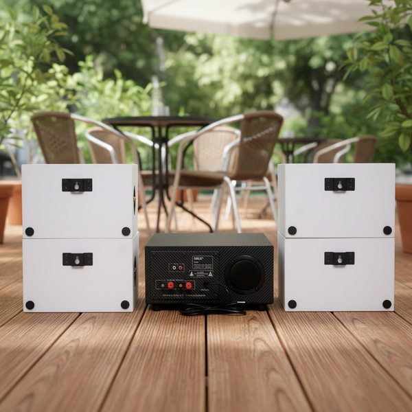 Loa treo tường, phát nhạc nền thông báo: A384 Goldsound 2 vùng âm lượng 380w + 4 loa Goldsound V50NT-PU, loa được thiết kế riêng cho quán, bật lớn không tạp âm, miễn phí công lắp đặt, bảo hành dài hạn 12 tháng