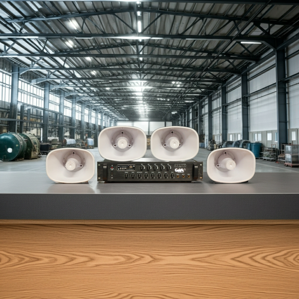 Loa thông báo nhà xưởng: 1 Amply A550F + 04 Ne35w, Amply 5 vùng, loa được thiết kế riêng, bật lớn không tạp âm, miễn phí công lắp đặt, bảo hành dài hạn 12 tháng