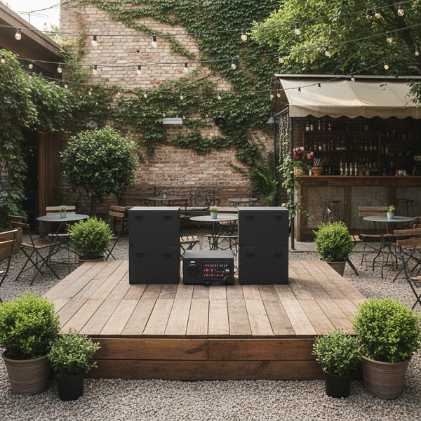 Dàn loa sân vườn: Amply A1800 + 4 V130NT, Amply 4 - 6 vùng âm lượng, loa được thiết kế riêng, bật lớn không tạp âm, miễn phí công lắp đặt, bảo hành dài hạn 5 năm.