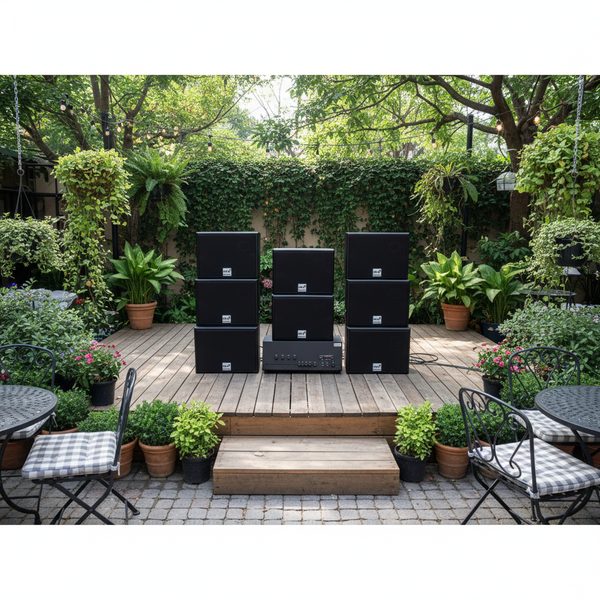 Dàn loa sân vườn: Amply A917 - 4K  + 8 loa V130NT, Amply 4 - 6 vùng âm lượng, loa được thiết kế riêng, bật lớn không tạp âm, miễn phí công lắp đặt, bảo hành dài hạn 5 năm.