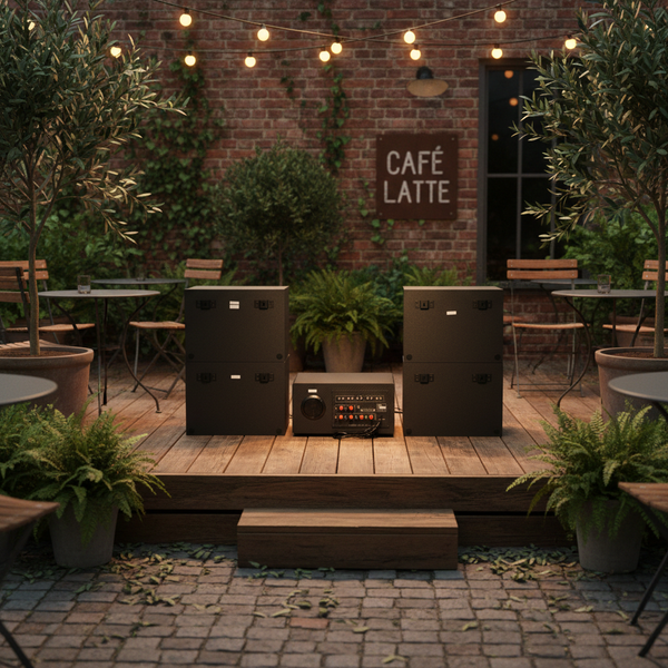 Dàn loa sân vườn: Amply A1800 + 4 V130NT, Amply 4 - 6 vùng âm lượng, loa được thiết kế riêng, bật lớn không tạp âm, miễn phí công lắp đặt, bảo hành dài hạn 5 năm.