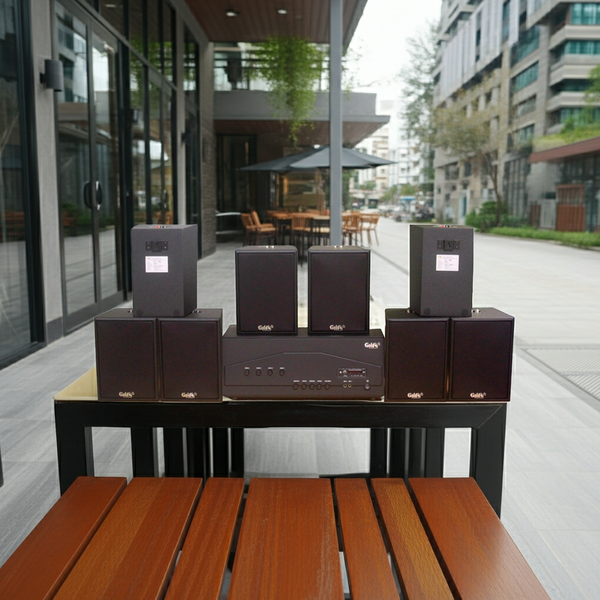 Dàn loa treo tường thông báo, phát nhạc nền tự động: Amply A917PU-4K 4 vùng âm lượng 1500w + 8 loa Goldsound treo tường V55C 55w, loa được thiết kế riêng cho quán, bật lớn không tạp âm, miễn phí công lắp đặt, bảo hành dài hạn 5 năm.