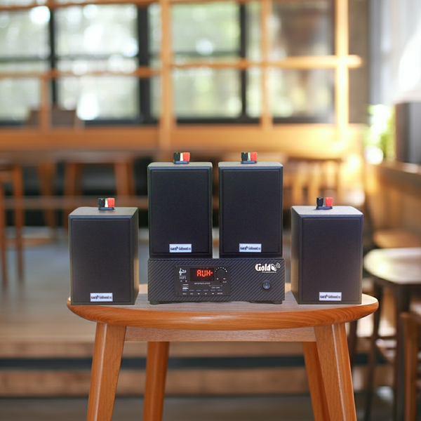 Dàn loa thông báo phát nhạc nền tự động Gold4Cafe 4.0: Amply A2.0_SG + 4 loa treo tường V12_SG, Amply, loa được thiết kế riêng cho quán, bật lớn không tạp âm, bảo hành dài hạn 5 năm.