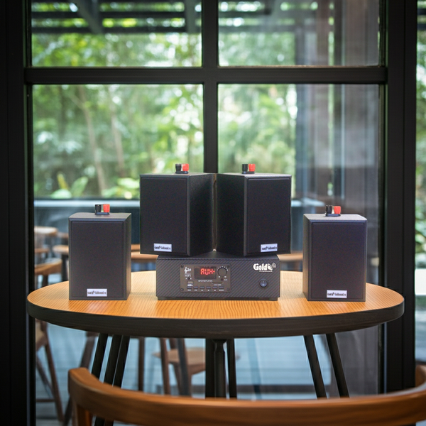 Dàn loa thông báo phát nhạc nền tự động Gold4Cafe 4.0: Amply A2.0_SG + 4 loa treo tường V12_SG, Amply, loa được thiết kế riêng cho quán, bật lớn không tạp âm, bảo hành dài hạn 5 năm.