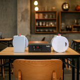 Dàn loa âm trần thông báo phát nhạc nền: 1 Amply A2.0 + 2 loa âm trần thông báo phát nhạc nền tự động VAT12, loa được thiết kế riêng cho quán, bật lớn không tạp âm, bảo hành dài hạn 5 năm.