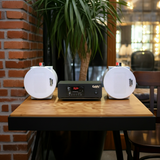 Dàn loa âm trần thông báo phát nhạc nền: 1 Amply A2.0 + 2 loa âm trần thông báo phát nhạc nền tự động VAT12, loa được thiết kế riêng cho quán, bật lớn không tạp âm, bảo hành dài hạn 5 năm.