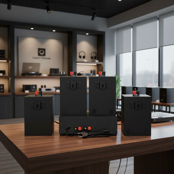 Dàn loa thông báo phát nhạc nền tự động Gold4Cafe 4.0: Amply A2.0_SG + 4 loa treo tường V12_SG, Amply, loa được thiết kế riêng cho quán, bật lớn không tạp âm, bảo hành dài hạn 5 năm.