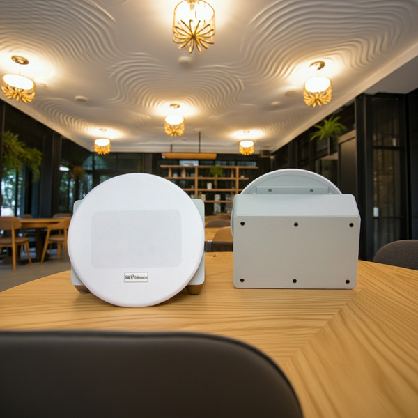 Loa âm trần thông báo, phát nhạc nền: Âm ly A501 Goldsound 500w + 6 loa âm trần Goldsound VAT38 38w, loa được thiết kế riêng cho quán, bật lớn không tạp âm, miễn phí công lắp đặt, bảo hành dài hạn 5 năm
