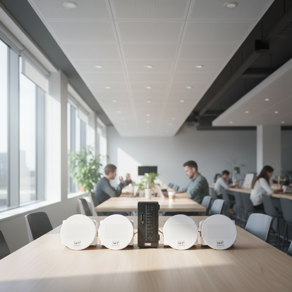 Dàn loa âm trần: 1 AMT384 + 4 VAT28, loa được thiết kế riêng cho quán, bật lớn không tạp âm, miễn phí công lắp đặt, bảo hành dài hạn 5 năm.