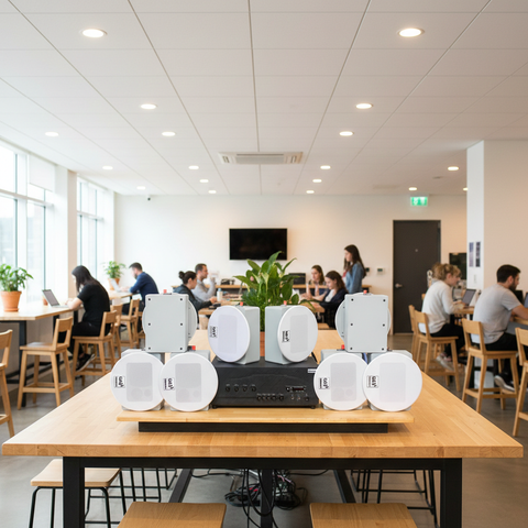 Loa âm trần thông báo, phát nhạc nền tự động: A917-4K Goldsound 4 vùng âm lượng 1500w + 8 loa âm trần Goldsound VAT38 38w, Amply 4 - 6 vùng âm lượng, loa được thiết kế riêng cho quán, bật lớn không tạp âm, miễn phí công lắp đặt, bảo hành dài hạn 5 năm.