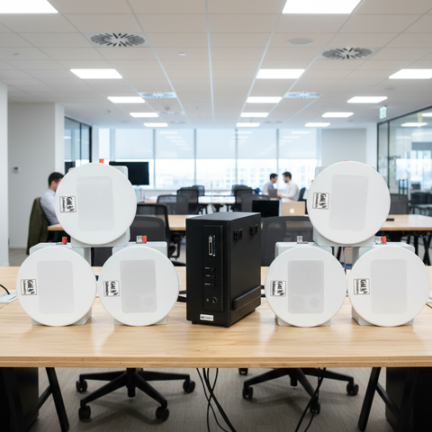 Loa âm trần thông báo, phát nhạc nền tự động: AMT156 Goldsound 200w + 6 loa âm trần Goldsound VAT28 28w, loa được thiết kế riêng cho quán, bật lớn không tạp âm, miễn phí công lắp đặt, bảo hành dài hạn 5 năm