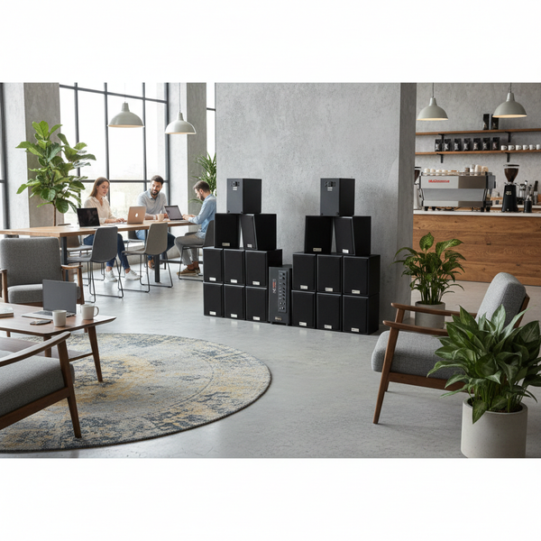 Dàn loa treo tường phát nhạc nền: Amply A906 Goldsound 2 vùng âm lượng 900w + 18 loa Goldsound V25C 25W, Amply 4 - 6 vùng âm lượng, loa được thiết kế riêng cho quán, bật lớn không tạp âm, miễn phí công lắp đặt, bảo hành dài hạn 5 năm.