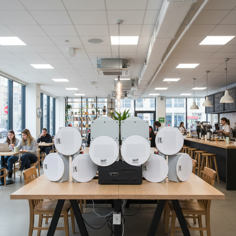 Dàn loa âm trần thông báo, phát nhạc nền: Âm ly A1800 + 10 VAT38, Amply 2 vùng âm lượng, loa được thiết kế riêng cho quán, bật lớn không tạp âm, bảo hành dài hạn 5 năm.