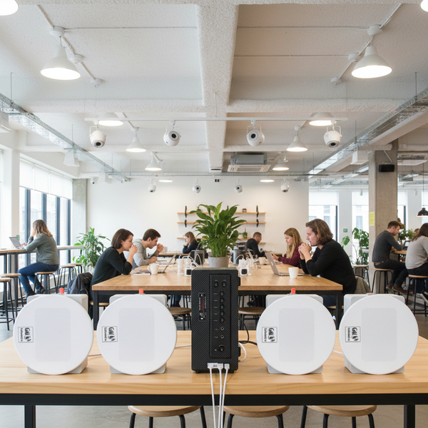 Dàn loa âm trần: 1 AMT384 + 4 VAT28, loa được thiết kế riêng cho quán, bật lớn không tạp âm, miễn phí công lắp đặt, bảo hành dài hạn 5 năm.