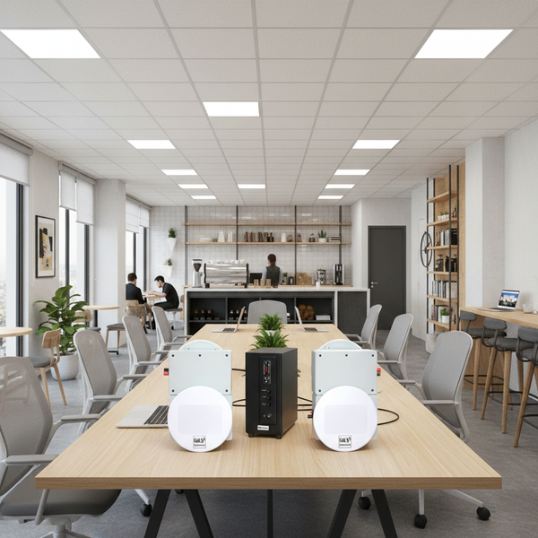 Loa âm trần thông báo, phát nhạc nền: Âm ly A155 + 4 VAT38, loa được thiết kế riêng cho quán, bật lớn không tạp âm, miễn phí công lắp đặt, bảo hành dài hạn 5 năm.