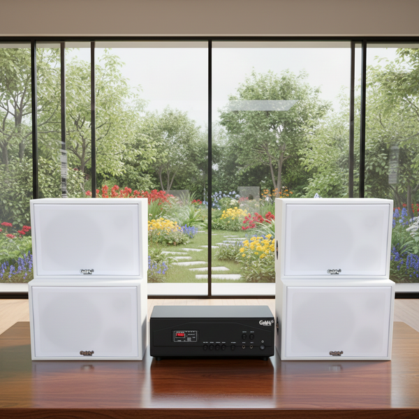 Dàn loa sân vườn: Amply A917PU-2K 2 vùng âm lượng 1200w + 4 loa ngoài trời V130NT màu trắng 130w, loa được thiết kế riêng cho quán, bật lớn không tạp âm, miễn phí công lắp đặt, bảo hành 12 tháng