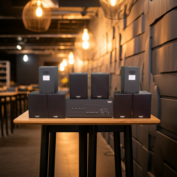 Dàn loa treo tường thông báo, phát nhạc nền tự động: Amply A917PU-4K 4 vùng âm lượng 1500w + 8 loa Goldsound treo tường V55C 55w, loa được thiết kế riêng cho quán, bật lớn không tạp âm, miễn phí công lắp đặt, bảo hành dài hạn 5 năm.