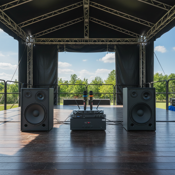 Dàn loa Karaoke gia đình, sân khấu S255 (2 loa Full Bass 30 + 1 cục đẩy 1200w + vang V1 + 2 micro không dây M1) - Hàng trưng bày đồng giá cuối năm