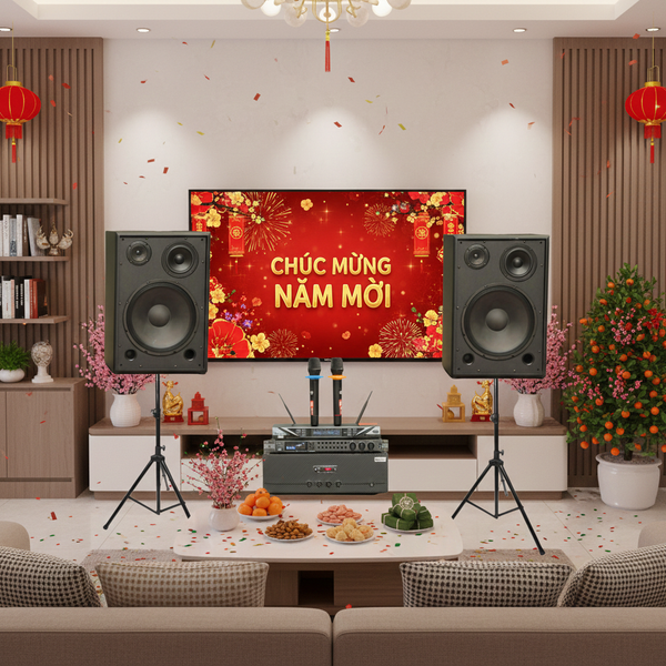 Dàn loa Karaoke gia đình, sân khấu S255 (2 loa Full Bass 30 + 1 cục đẩy 1200w + vang V1 + 2 micro không dây M1) - Hàng trưng bày đồng giá cuối năm
