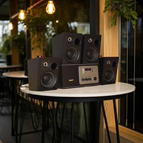 Loa quán cafe, loa cho nhà hàng trọn gói: 04 Loa vệ tinh V18 - 18w + 1 Âm ly A100 100w