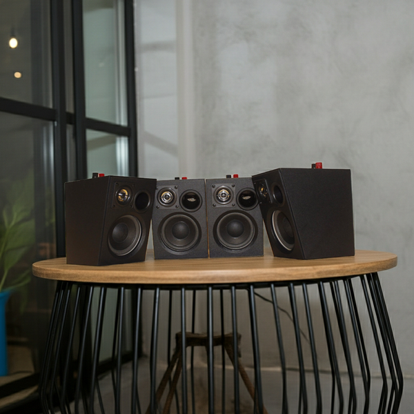 Loa quán cafe, loa cho nhà hàng trọn gói: 04 Loa vệ tinh V18 - 18w + 1 Âm ly A100 100w