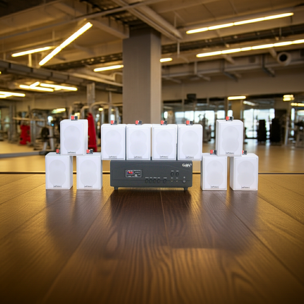 Loa treo tường thông báo phát nhạc nền tự động Gold4cafe 10.0 bản màu trắng (01 amply + 10 loa), Amply 1200w - 2 vùng âm lượng, loa được thiết kế riêng cho quán, bật lớn không tạp âm, bảo hành dài hạn 5 năm.