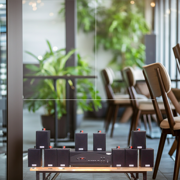 Loa thông báo phát nhạc nền tự động Gold4cafe 10.0 bản màu đen (01 amply + 10 loa), Amply 1200w - 2 vùng âm lượng, loa được thiết kế riêng cho quán, bật lớn không tạp âm, bảo hành dài hạn 5 năm.