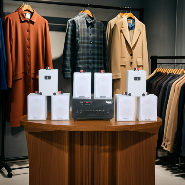 Loa treo tường thông báo phát nhạc nền tự động Gold4cafe 8.0 (01 amply + 08 loa treo tường màu trắng), Amply 2 vùng âm lượng, loa được thiết kế riêng cho quán, bật lớn không tạp âm, bảo hành dài hạn 5 năm.