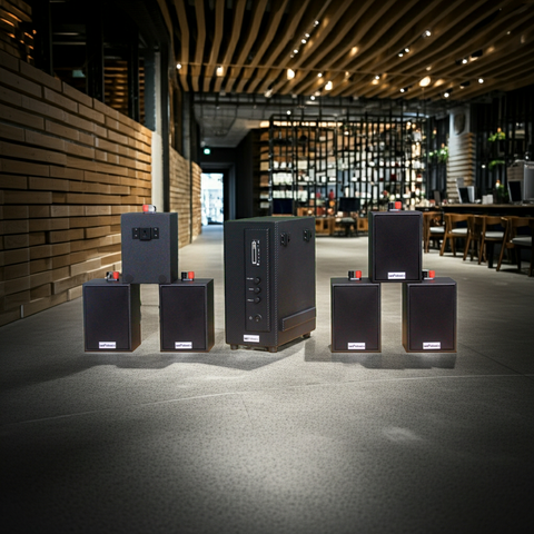 [Diện tích 100m2] Loa thông báo, loa phát nhạc nền tự động Gold4cafe AM6.0 (01 amply + 06 loa treo tường), loa được thiết kế riêng cho quán, bật lớn không tạp âm, bảo hành dài hạn 5 năm.