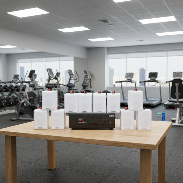 Loa treo tường thông báo phát nhạc nền tự động Gold4cafe 10.0 bản màu trắng (01 amply + 10 loa), Amply 1200w - 2 vùng âm lượng, loa được thiết kế riêng cho quán, bật lớn không tạp âm, bảo hành dài hạn 5 năm.