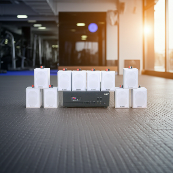 Loa treo tường thông báo phát nhạc nền tự động Gold4cafe 10.0 bản màu trắng (01 amply + 10 loa), Amply 1200w - 2 vùng âm lượng, loa được thiết kế riêng cho quán, bật lớn không tạp âm, bảo hành dài hạn 5 năm.