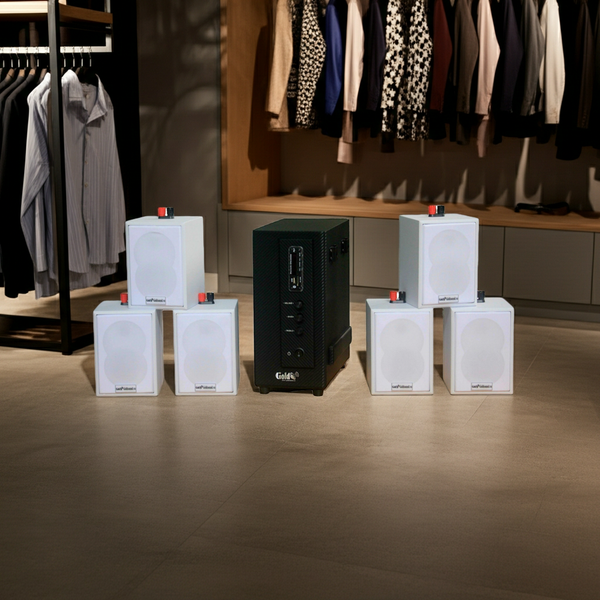 Loa treo tường thông báo phát nhạc nền tự động Gold4cafe AM6.0 (01 amply + 06 loa treo tường màu trắng), loa được thiết kế riêng cho quán, bật lớn không tạp âm, bảo hành dài hạn 5 năm.