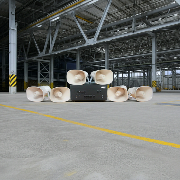 Loa thông báo nhà xưởng: 1 Amply A907PU-100V + 6 Ne20w, Amply hai vùng âm lượng, loa được thiết kế riêng, bật lớn không tạp âm, miễn phí công lắp đặt, bảo hành dài hạn 12 tháng