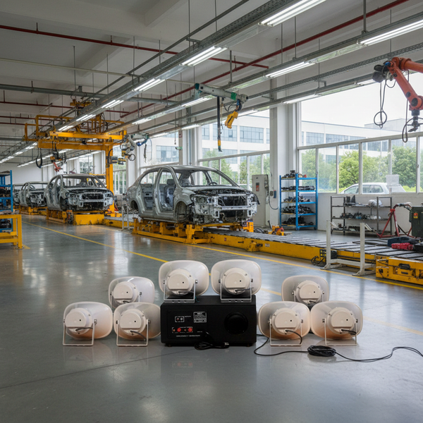 Loa thông báo nhà xưởng: 1 Amply A907PU-100V + 8 Ne20w, Amply hai vùng âm lượng, loa được thiết kế riêng, bật lớn không tạp âm, miễn phí công lắp đặt, bảo hành dài hạn 12 tháng