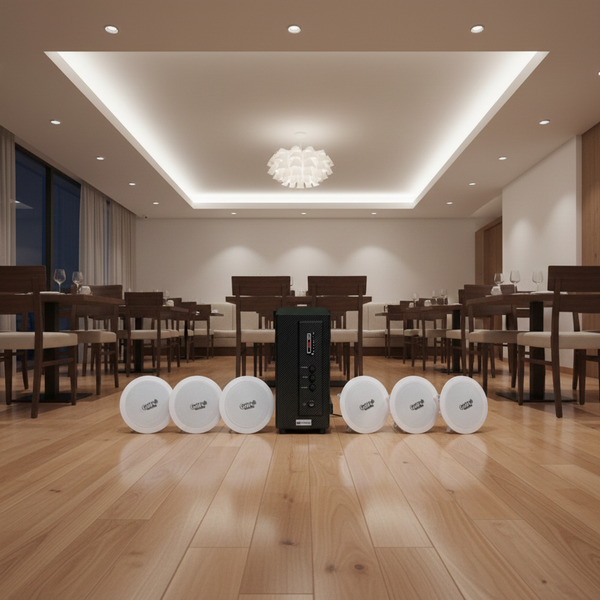 Bộ loa âm trần thông báo phát nhạc nền tự động cao cấp SA6.0_DA (amply 156w + 6 loa âm trần 15w), loa được thiết kế riêng cho quán, bật lớn không tạp âm, bảo hành dài hạn 12 tháng