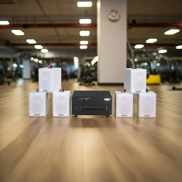 Loa hộp treo tường thông báo phát nhạc nền tự động Gold4cafe 6.0 (01 amply + 06 loa treo tường màu trắng), Amply 2 vùng âm lượng, loa được thiết kế riêng cho quán, bật lớn không tạp âm, bảo hành dài hạn 5 năm.