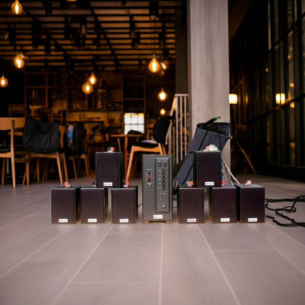 Dàn loa thông báo phát nhạc nền tự động Gold4cafe_SG 8.0 (01 Amply + 08 loa treo tường), Amply 2 vùng âm lượng, loa được thiết kế riêng cho quán, bật lớn không tạp âm, bảo hành dài hạn 5 năm.