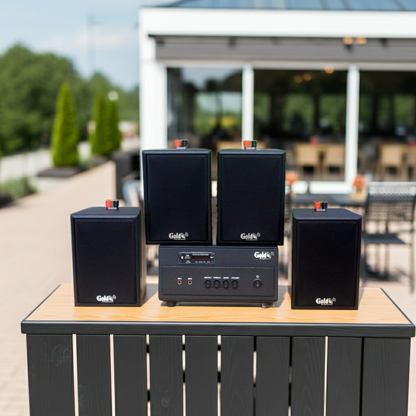 Dàn loa thông báo phát nhạc nền tự động: 1 Amply A154PU Goldsound 150w + 4 loa Goldsound V25c - 25w, loa được thiết kế riêng cho quán, bật lớn không tạp âm, miễn phí công lắp đặt, bảo hành dài hạn 5 năm.