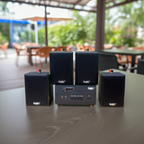 Dàn loa thông báo phát nhạc nền tự động: 1 Amply A154PU Goldsound 150w + 4 loa Goldsound V25c - 25w, loa được thiết kế riêng cho quán, bật lớn không tạp âm, miễn phí công lắp đặt, bảo hành dài hạn 5 năm.