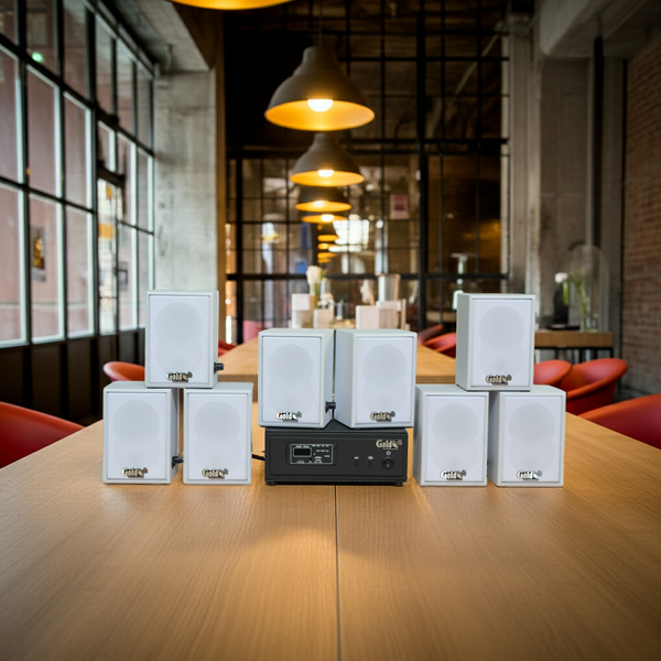 Dàn loa không dây treo tường, Loa thông báo, loa phát nhạc tự động: 01 amply A57 Goldsound + 8 loa không dây Goldsound V27 - 27w