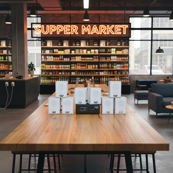 Dàn loa không dây treo tường, Loa thông báo, loa phát nhạc tự động: 01 amply A57 Goldsound + 8 loa không dây Goldsound V27 - 27w