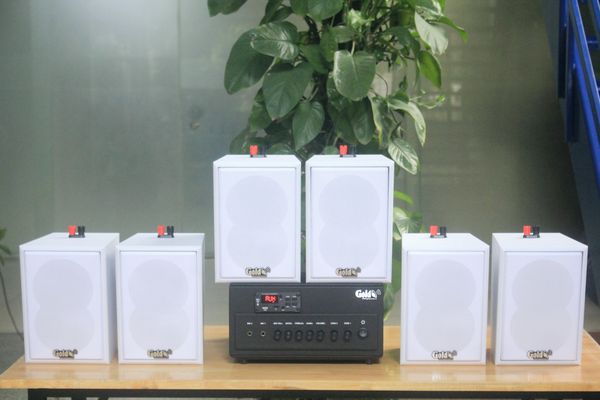 Loa thông báo, loa phát nhạc nền tự động A384PU-2K Goldsound 2 vùng âm lượng 380w + 6 loa Goldsound V25C màu trắng, loa được thiết kế riêng cho quán, bật lớn không tạp âm, miễn phí công lắp đặt, bảo hành dài hạn 5 năm.