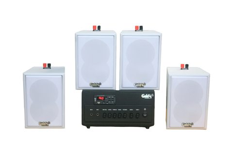 [Diện tích 80m2 + 2 Kênh] Loa thông báo, loa phát nhạc nền tự động A384PU-2K Goldsound 2 vùng âm lượng 380w + 4 loa Goldsound V25C màu trắng, loa được thiết kế riêng cho quán, bật lớn không tạp âm, miễn phí công lắp đặt, bảo hành dài hạn 5 năm.