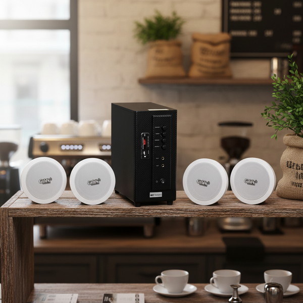 [Diện tích 80m2] Bộ loa âm trần thông báo phát nhạc nền tự động cao cấp SA4.0_SG (amply 154w + 4 loa âm trần 15w), loa được thiết kế riêng cho quán, bật lớn không tạp âm, bảo hành dài hạn 12 tháng