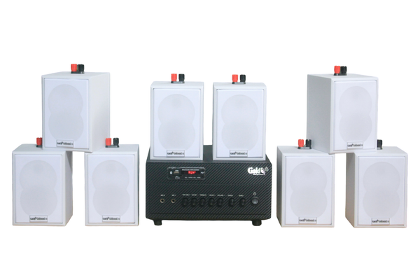 Loa treo tường thông báo phát nhạc nền tự động Gold4cafe 8.0 (01 amply + 08 loa treo tường màu trắng), Amply 2 vùng âm lượng, loa được thiết kế riêng cho quán, bật lớn không tạp âm, bảo hành dài hạn 5 năm.