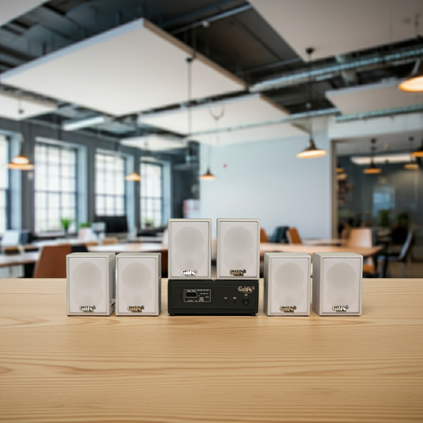 Dàn loa không dây treo tường, Loa thông báo, loa phát nhạc tự động: 01 amply A57 Goldsound + 6 loa không dây Goldsound V27 - 27w