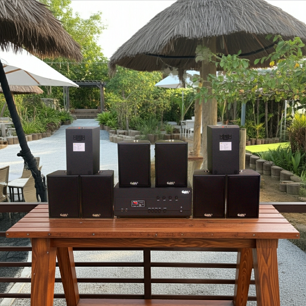 Loa thông báo, loa phát nhạc nền tự động A384PU-4K Goldsound 4 vùng âm lượng 800w + 8 loa Goldsound V55C 55w, loa được thiết kế riêng cho quán, bật lớn không tạp âm, miễn phí công lắp đặt, bảo hành dài hạn 5 năm.