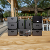 Dàn loa sân vườn: Amply A384PU-2K Goldsound 380w + 8 loa Goldsound ngoài trời V101-NT - 15w, loa được thiết kế riêng cho quán, bật lớn không tạp âm, không bao gồm công lắp đặt, bảo hành 12 tháng